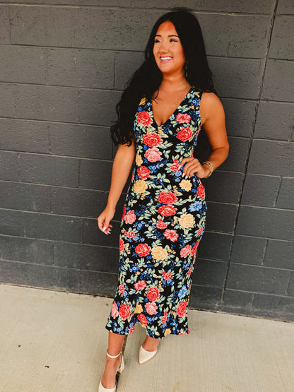 Floral Plunging Tie Back Maxi Dress - Summer Nights