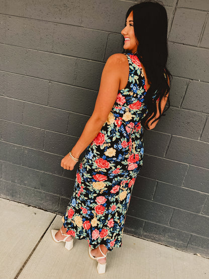 Floral Plunging Tie Back Maxi Dress - Summer Nights