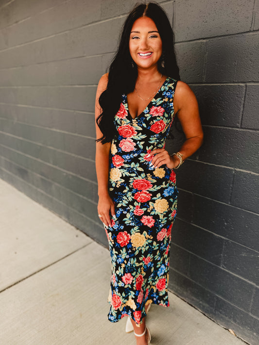 Floral Plunging Tie Back Maxi Dress - Summer Nights