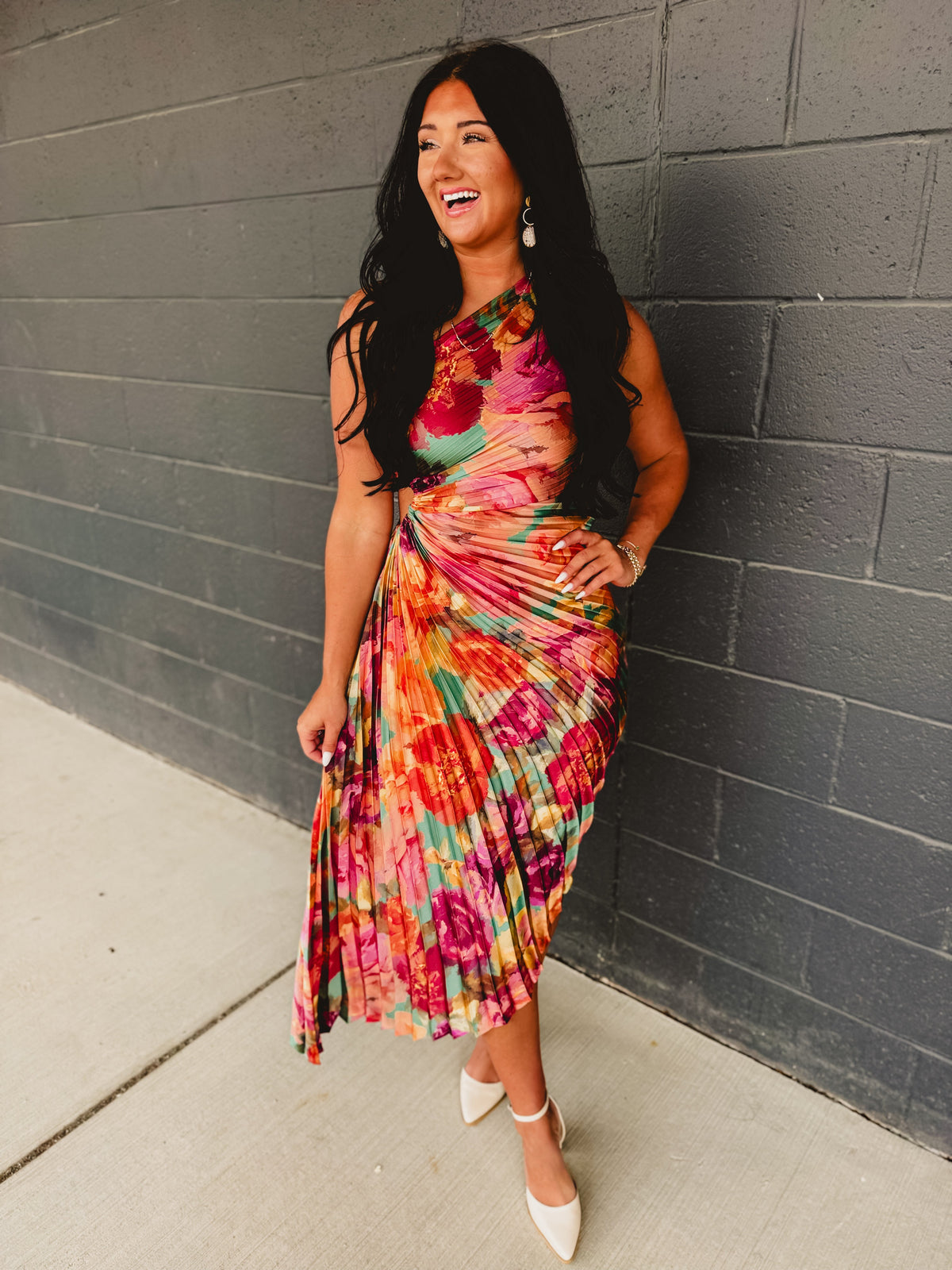 One Shoulder Asymmetrical Pleated Maxi Dress - Parisian Floral
