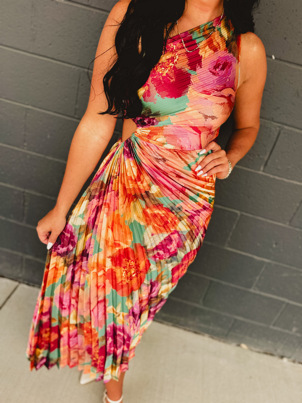 One Shoulder Asymmetrical Pleated Maxi Dress - Parisian Floral
