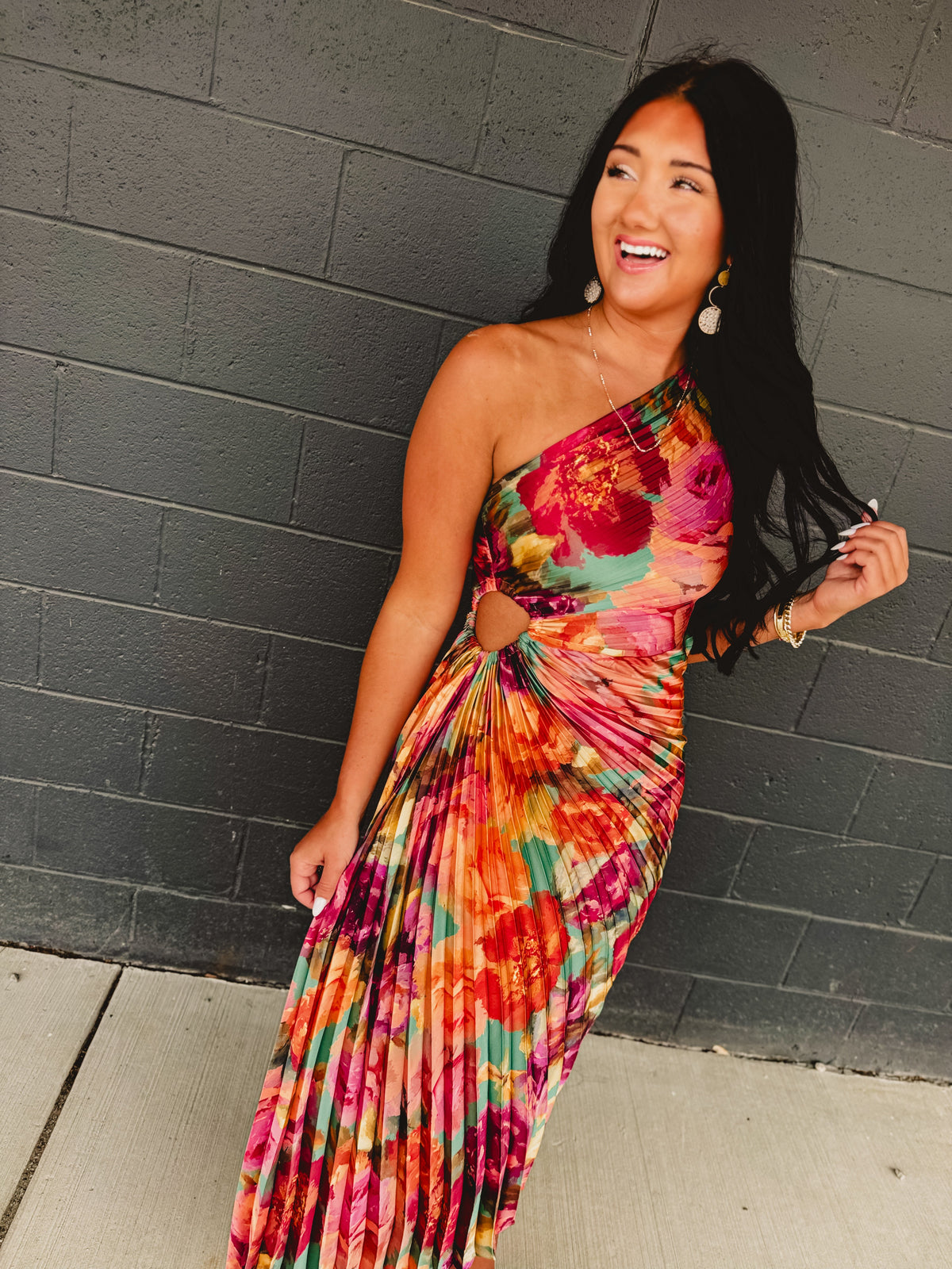 One Shoulder Asymmetrical Pleated Maxi Dress - Parisian Floral