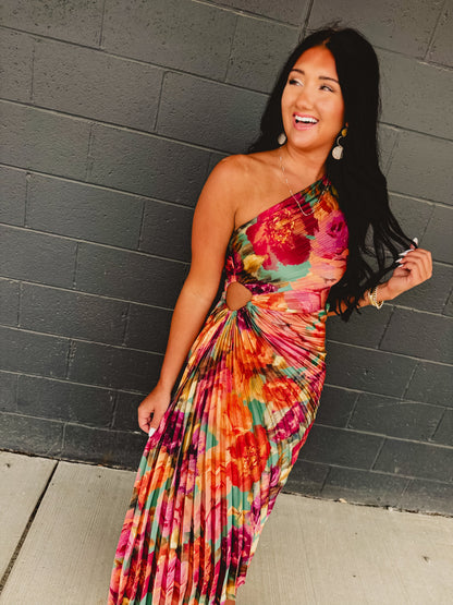One Shoulder Asymmetrical Pleated Maxi Dress - Parisian Floral