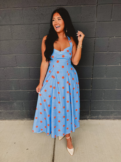 Polka Dot Printed Halter Neck Midi Dress - Light Blue