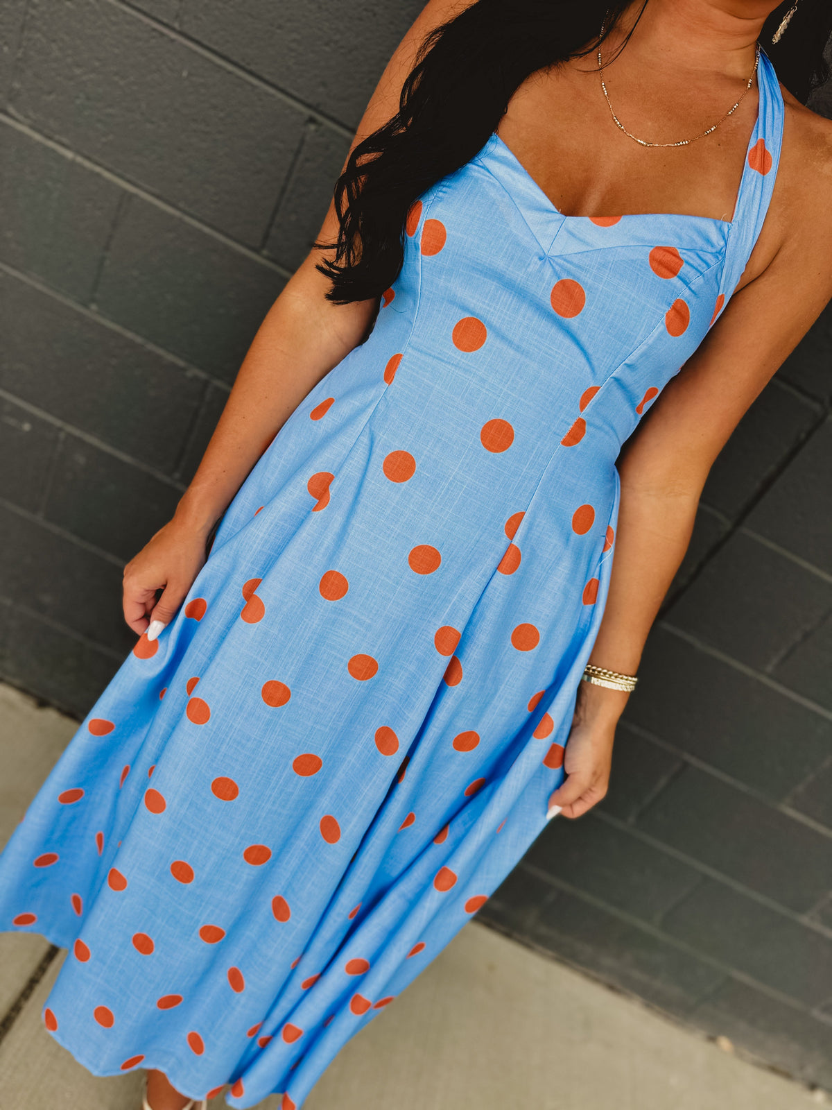 Polka Dot Printed Halter Neck Midi Dress - Light Blue