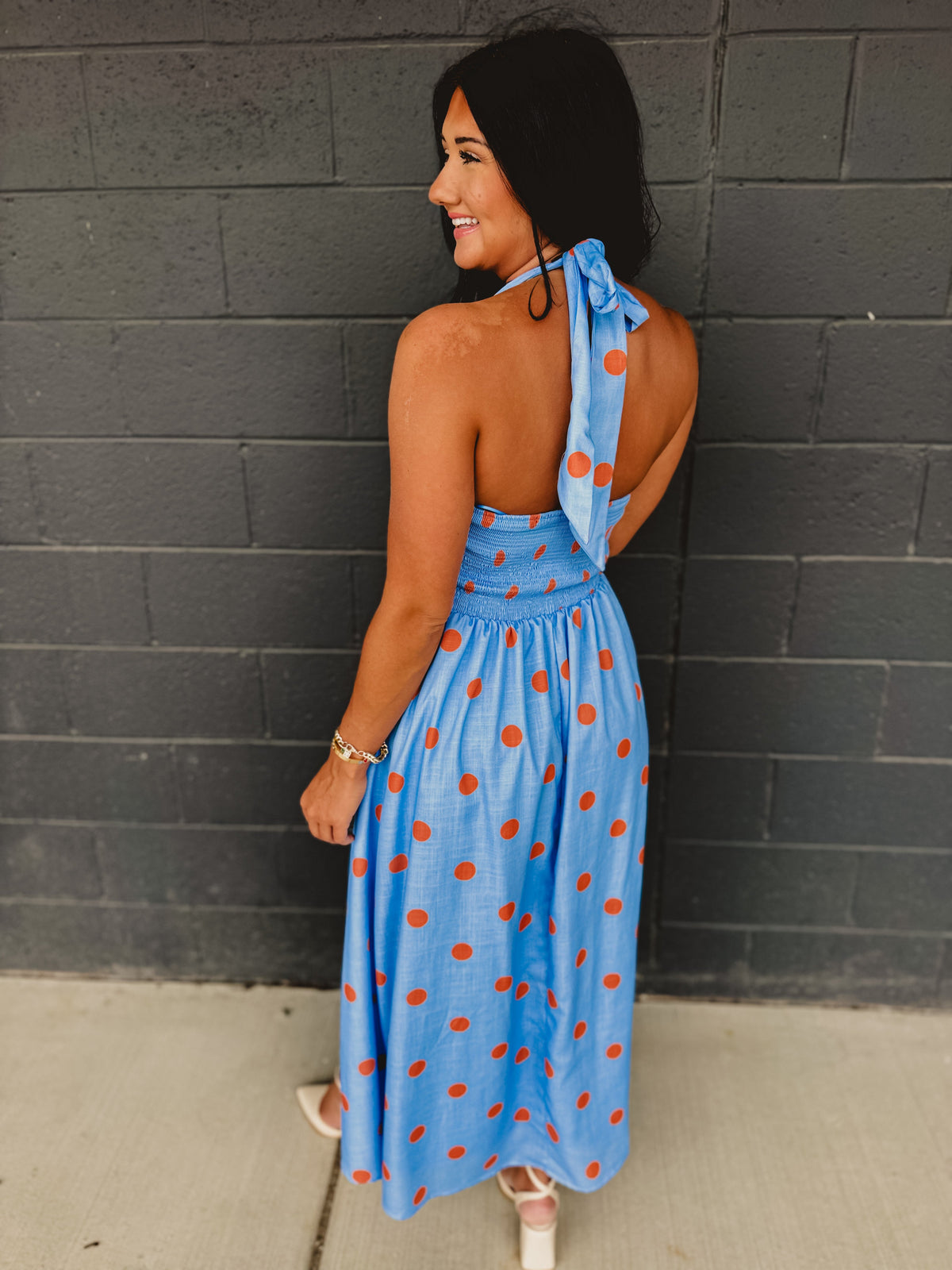 Polka Dot Printed Halter Neck Midi Dress - Light Blue