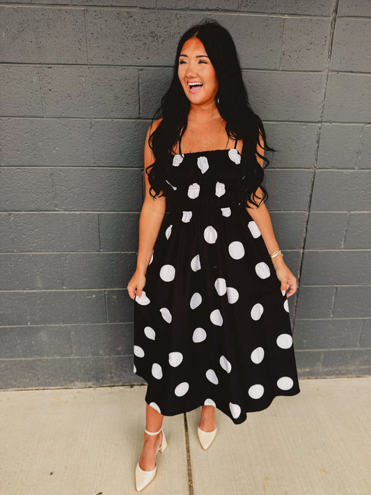 Polka Dot Printed Woven Midi Dress - Black