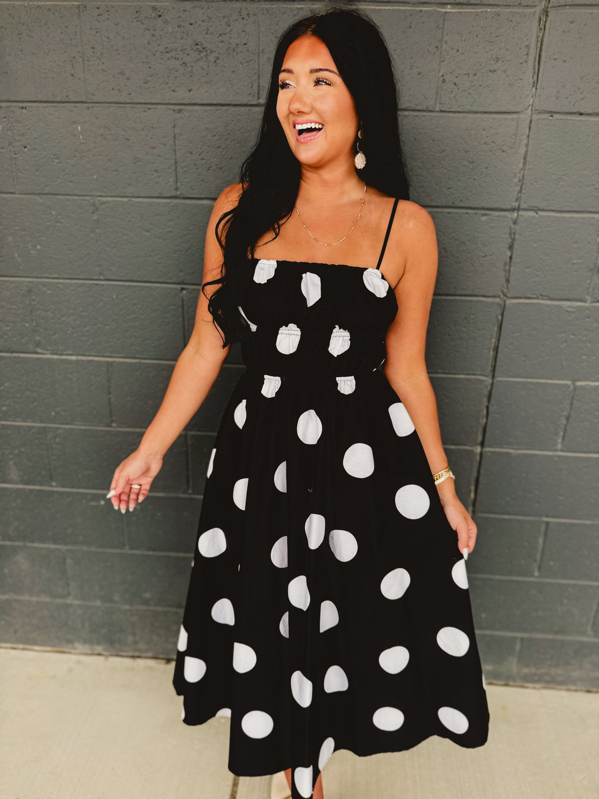 Polka Dot Printed Woven Midi Dress - Black