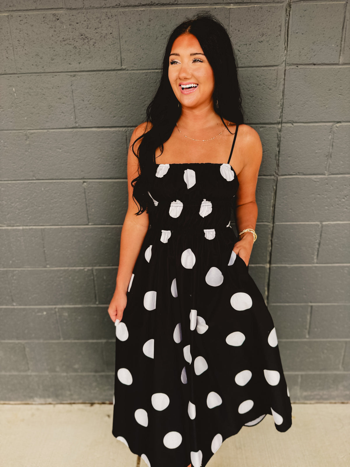 Polka Dot Printed Woven Midi Dress - Black