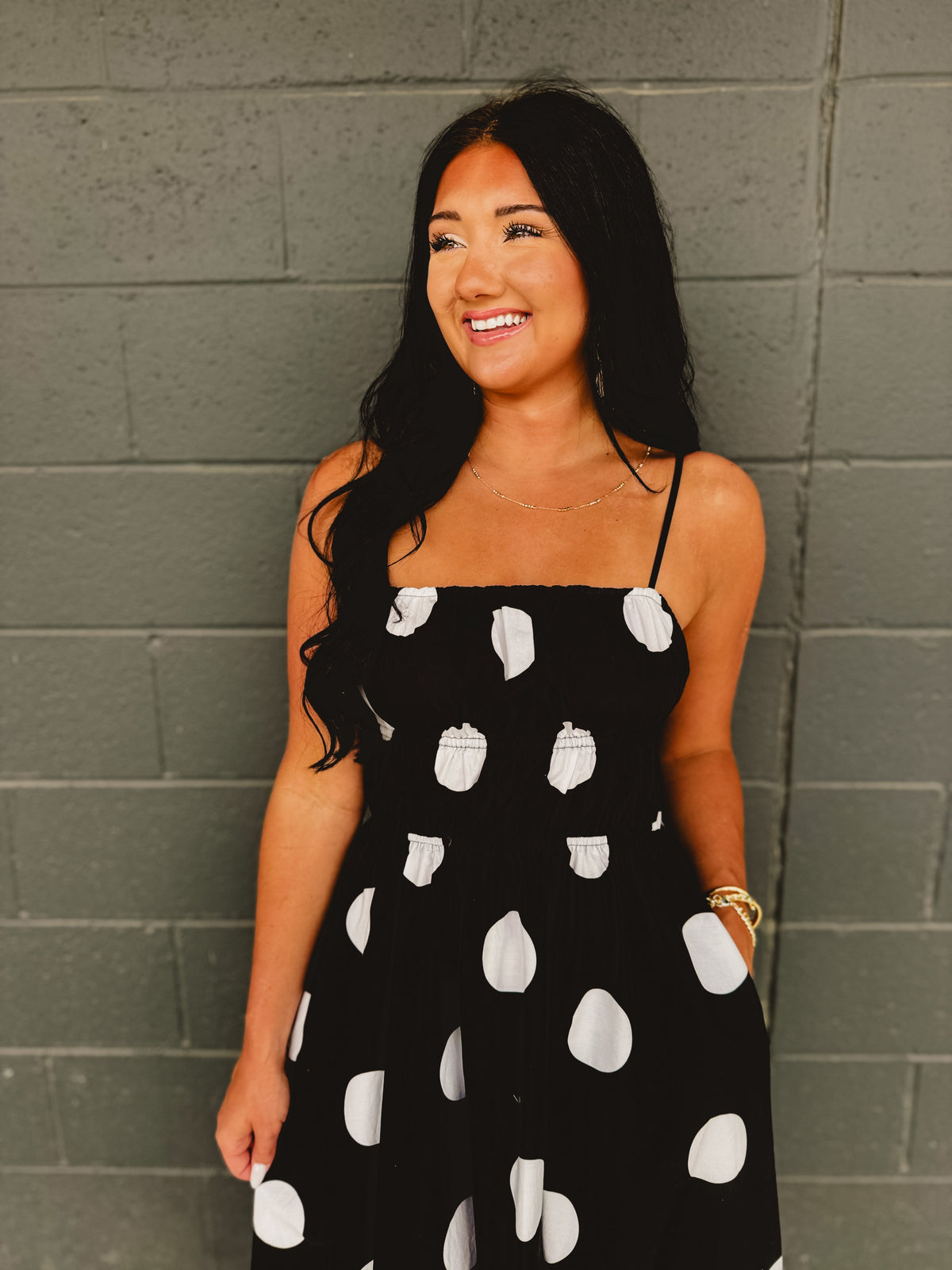 Polka Dot Printed Woven Midi Dress - Black