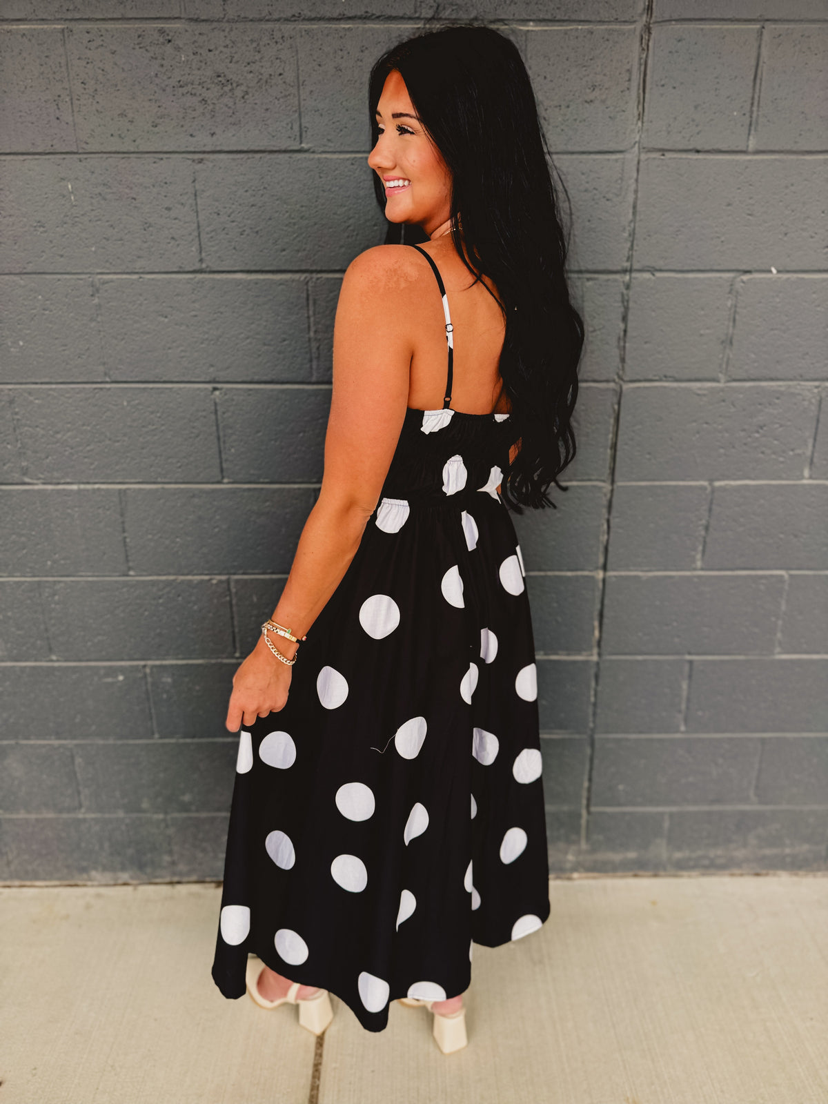 Polka Dot Printed Woven Midi Dress - Black