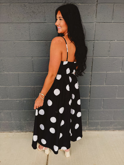 Polka Dot Printed Woven Midi Dress - Black