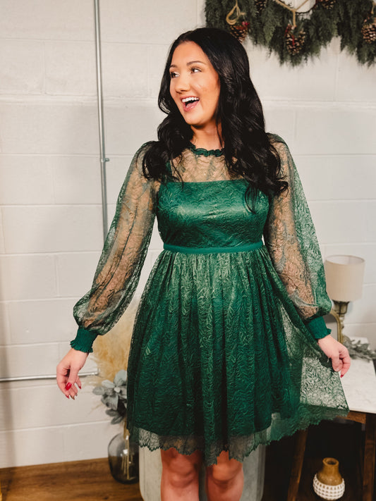 Lace Detail Long Sleeve Mini Dress - Emerald