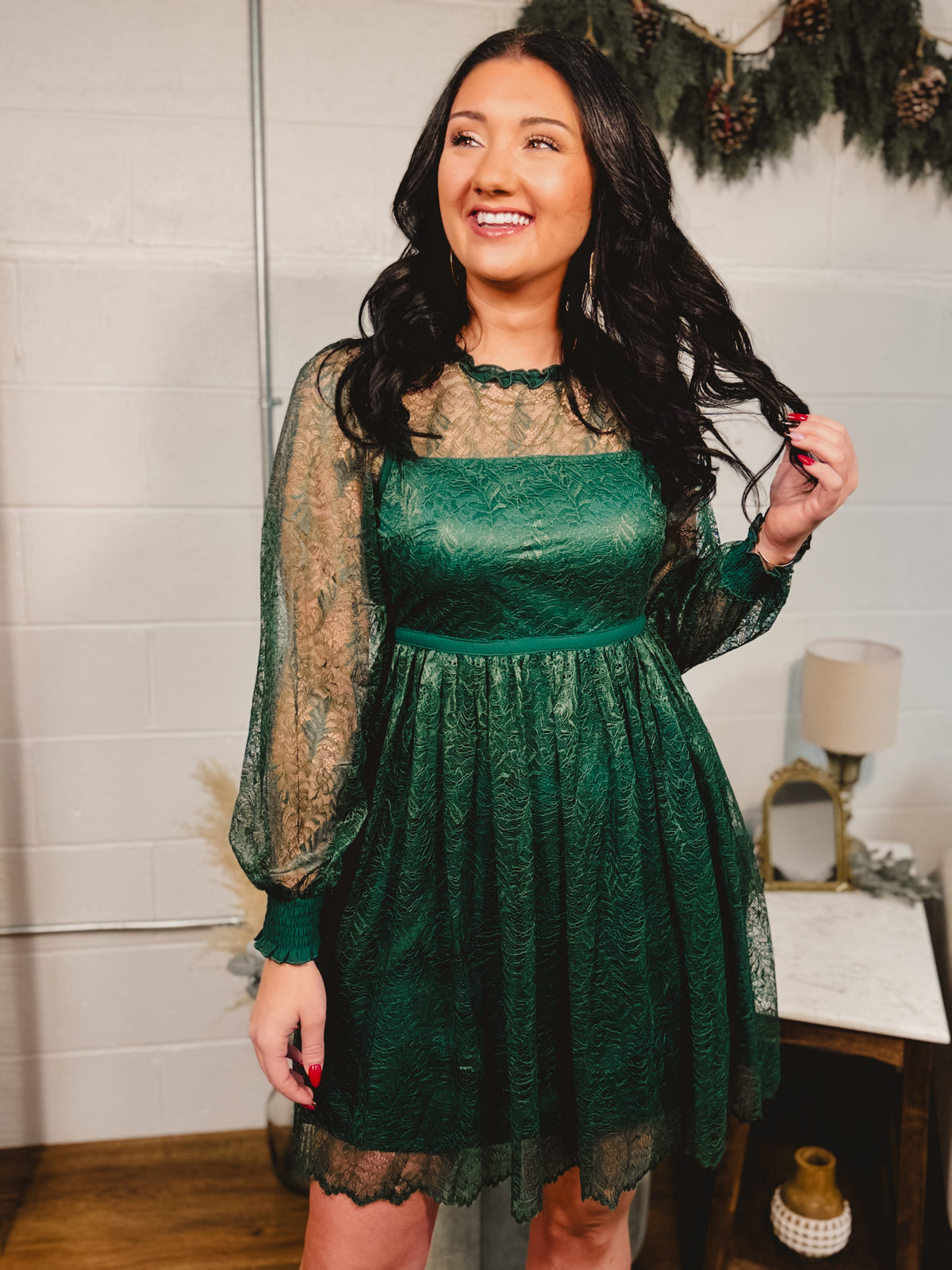 Lace Detail Long Sleeve Mini Dress - Emerald