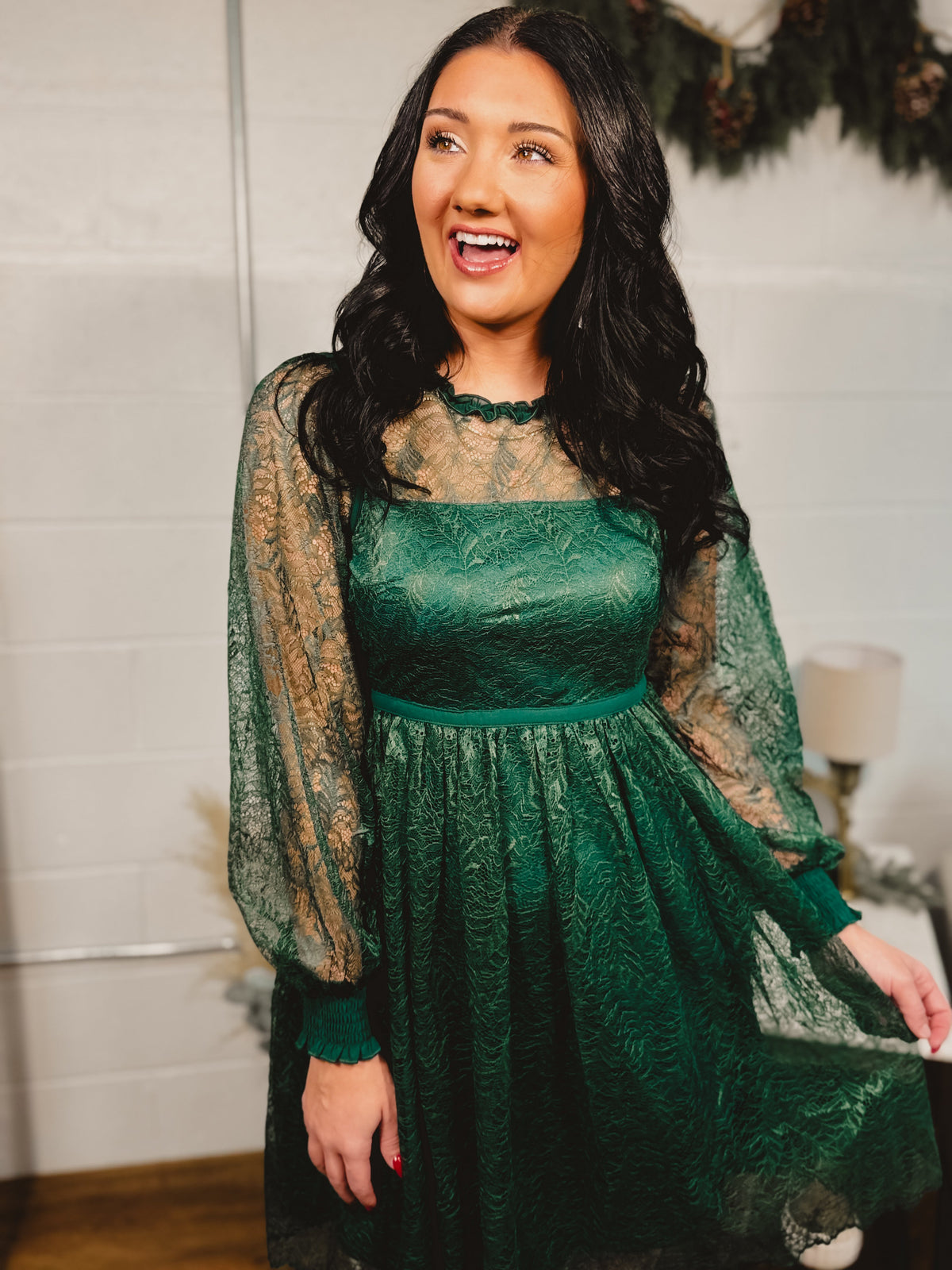 Lace Detail Long Sleeve Mini Dress - Emerald