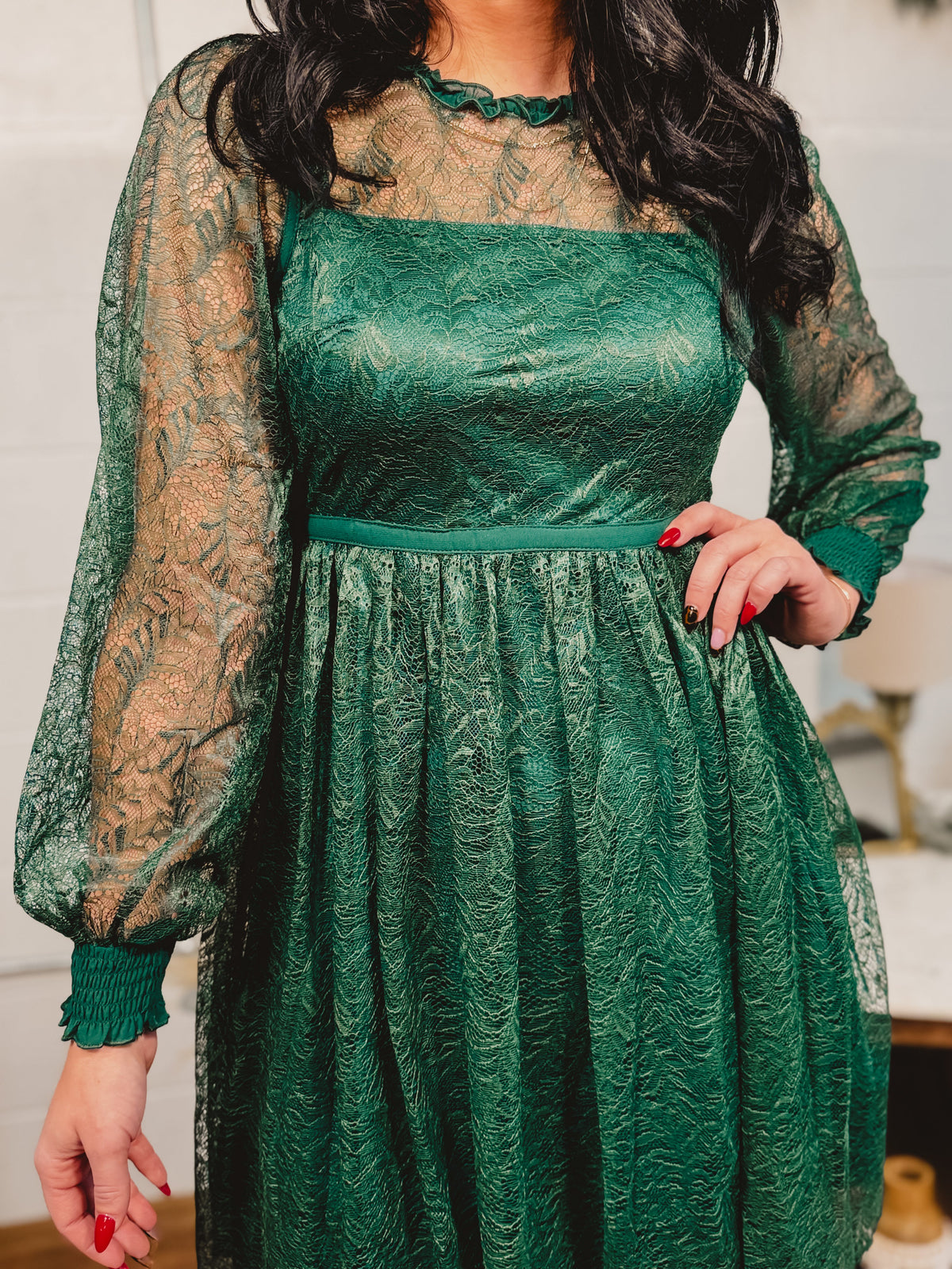 Lace Detail Long Sleeve Mini Dress - Emerald