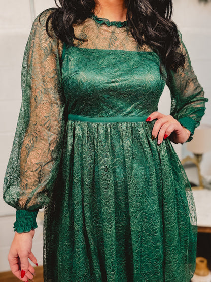 Lace Detail Long Sleeve Mini Dress - Emerald