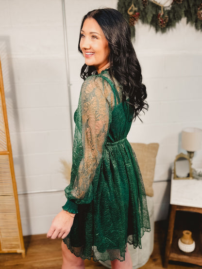 Lace Detail Long Sleeve Mini Dress - Emerald