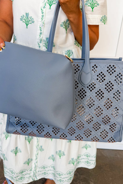 The Savannah Eyelet Tote Set in Blue