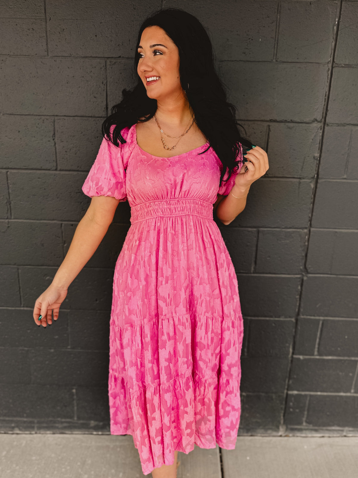 Textured Embroidered Midi Dress - Hibiscus