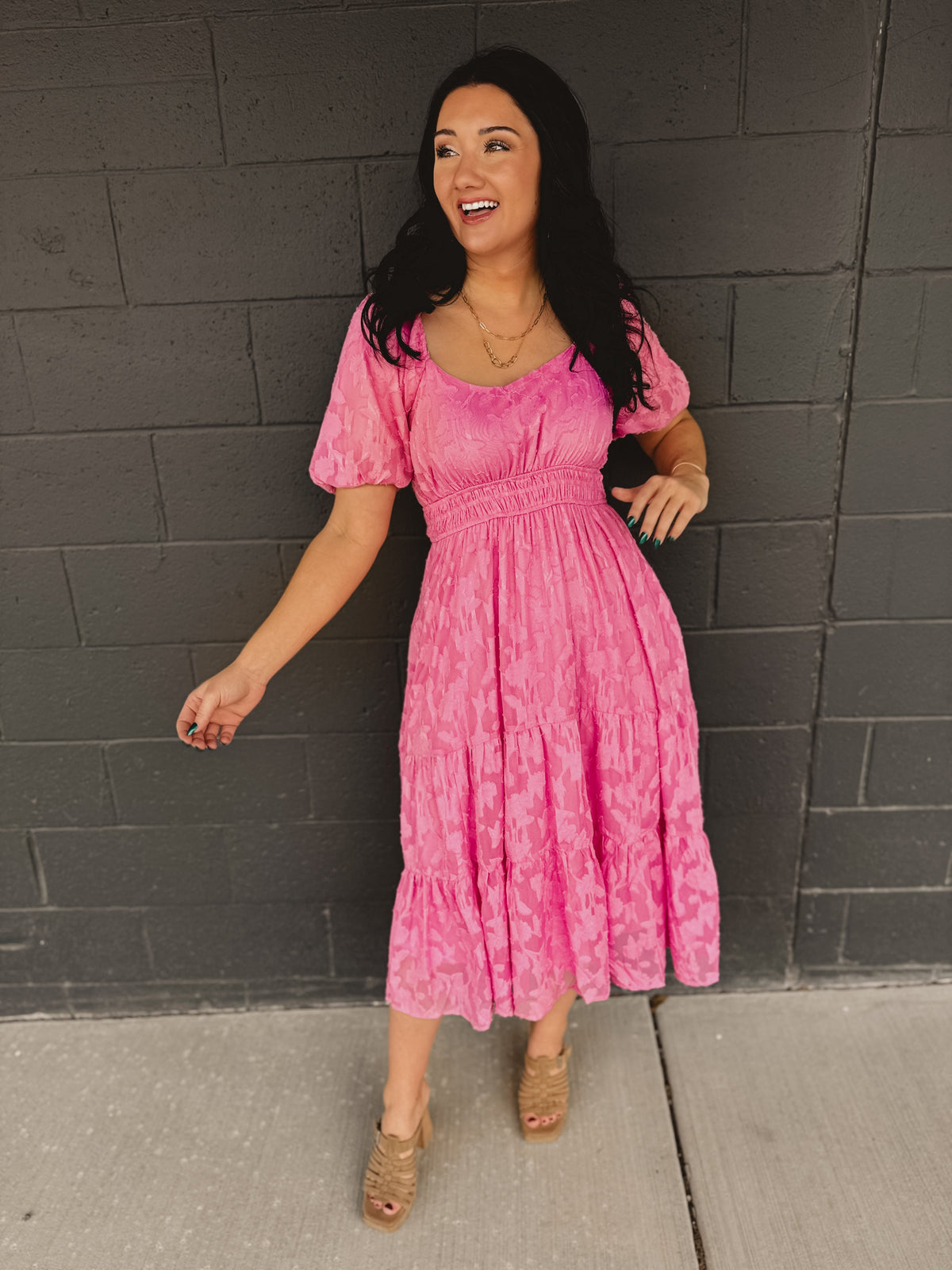 Textured Embroidered Midi Dress - Hibiscus