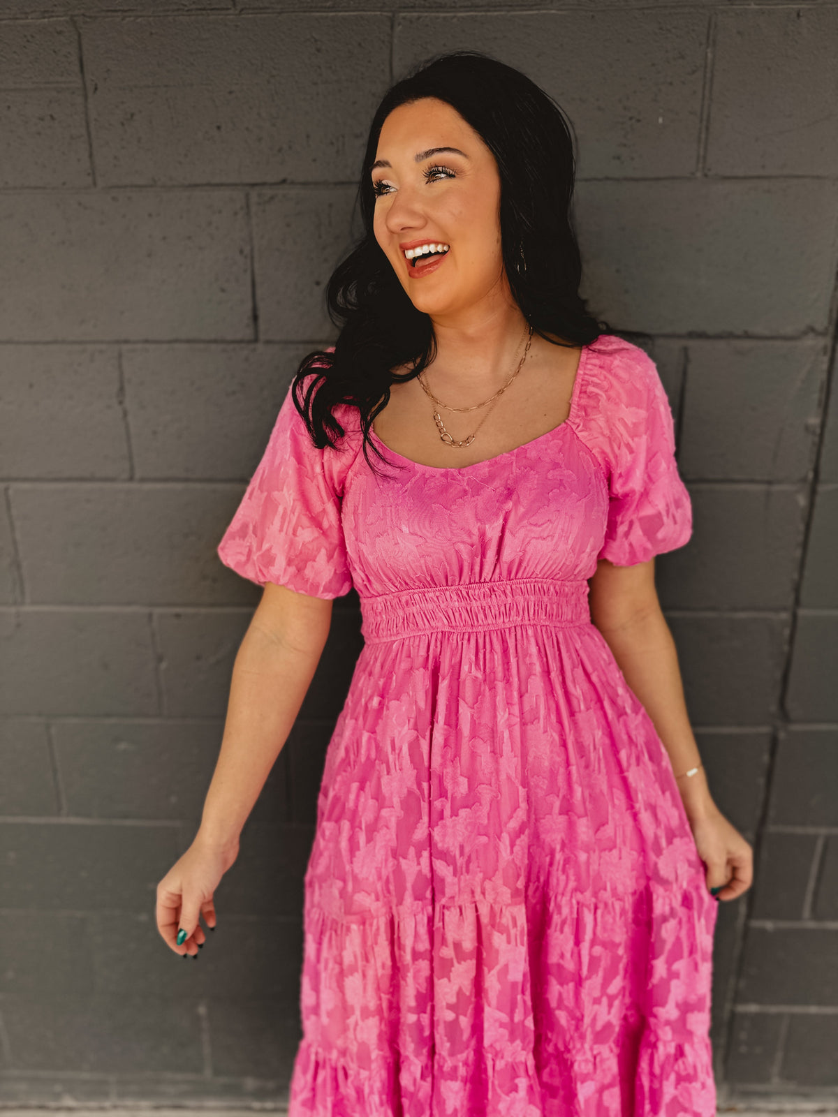 Textured Embroidered Midi Dress - Hibiscus