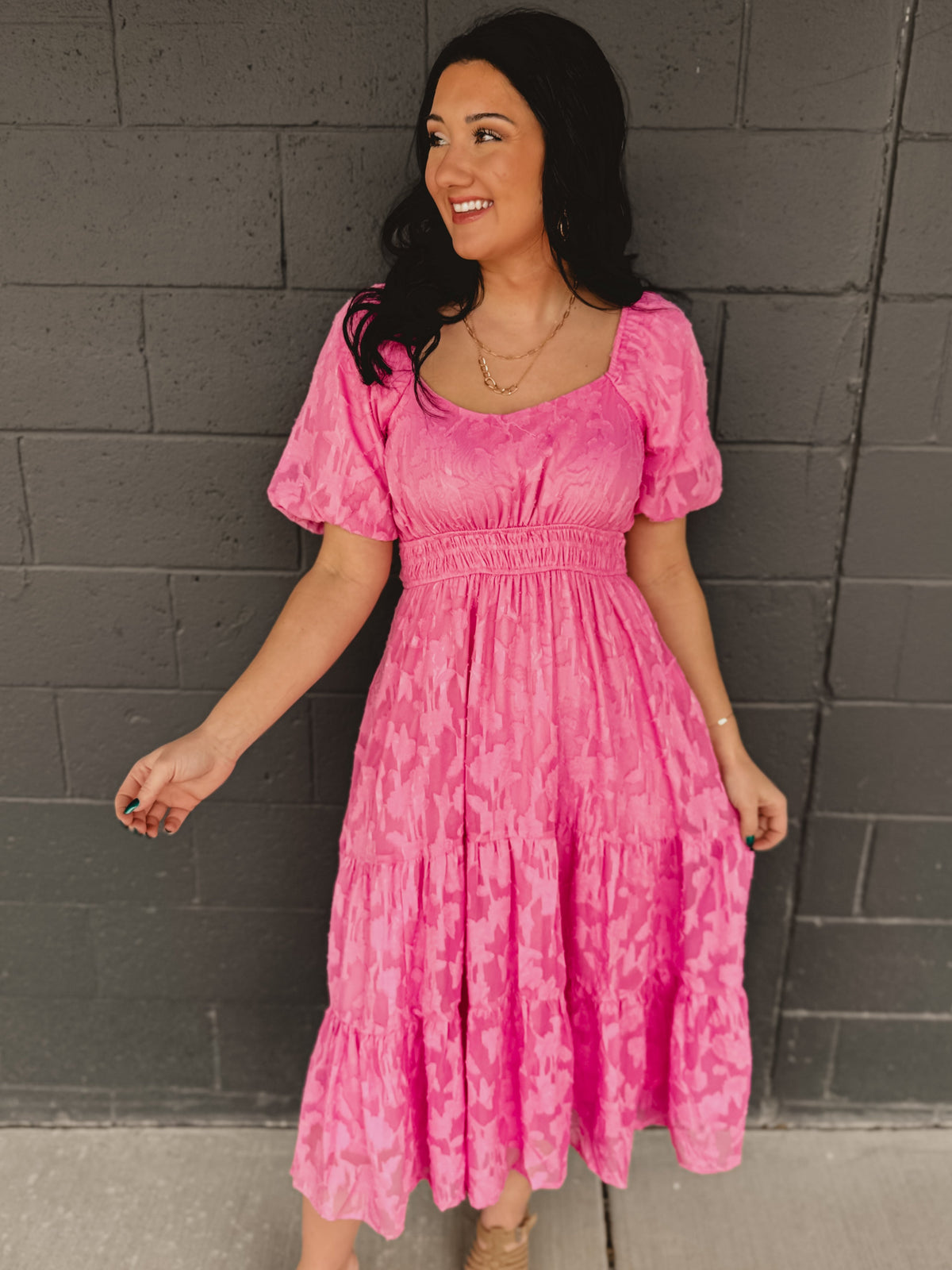 Textured Embroidered Midi Dress - Hibiscus