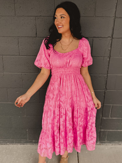 Textured Embroidered Midi Dress - Hibiscus