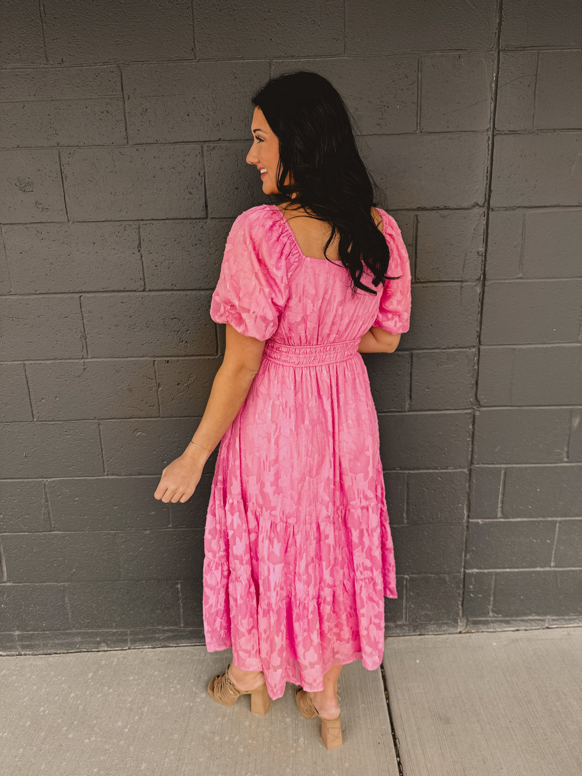 Textured Embroidered Midi Dress - Hibiscus