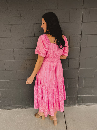 Textured Embroidered Midi Dress - Hibiscus