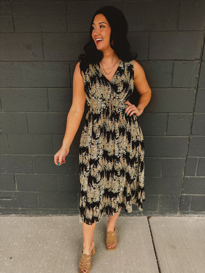 Floral Sleeveless Midi Dress - Black/Yellow