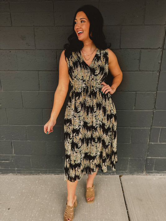 Floral Sleeveless Midi Dress - Black/Yellow