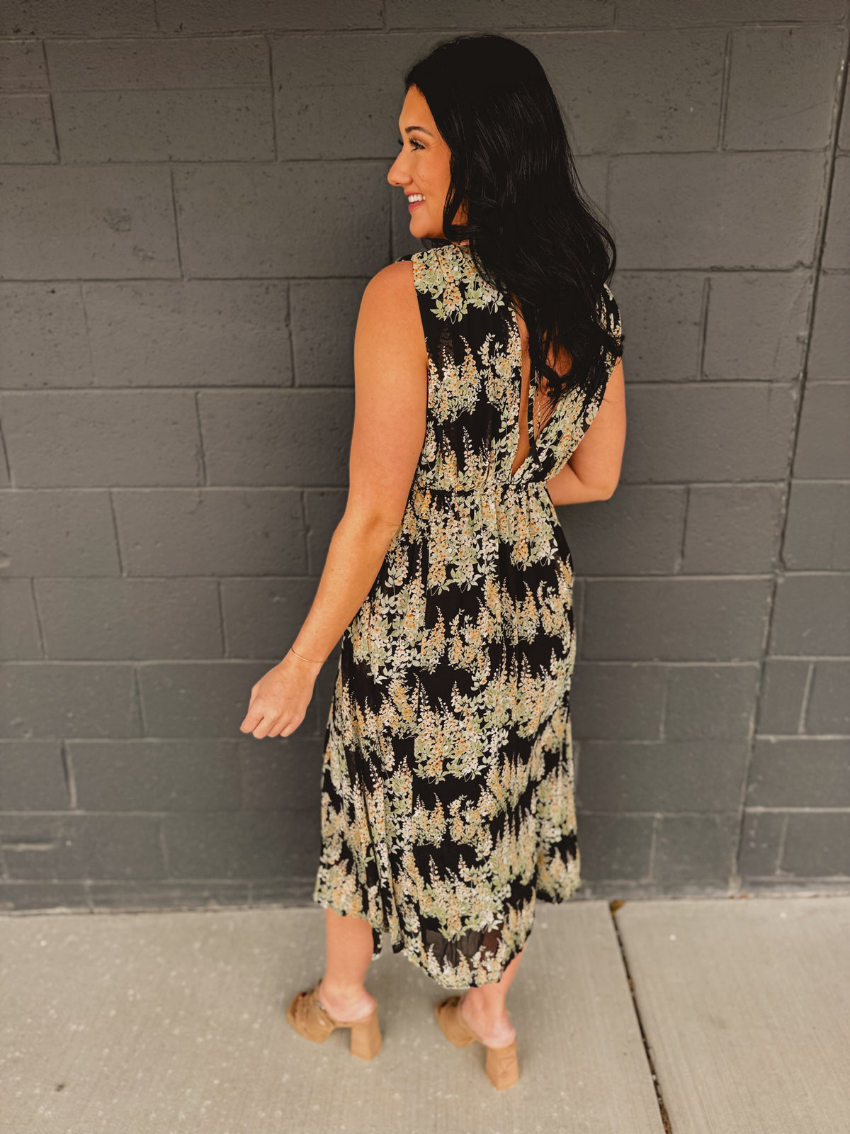 Floral Sleeveless Midi Dress - Black/Yellow