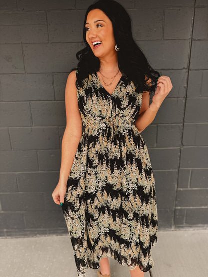 Floral Sleeveless Midi Dress - Black/Yellow