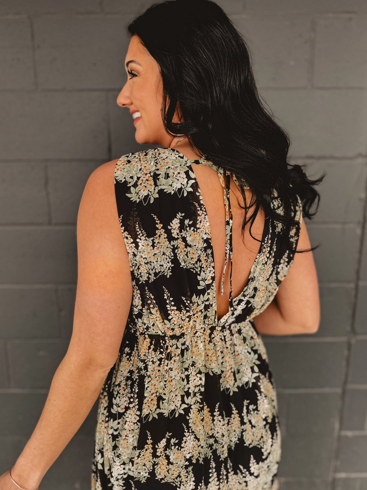 Floral Sleeveless Midi Dress - Black/Yellow