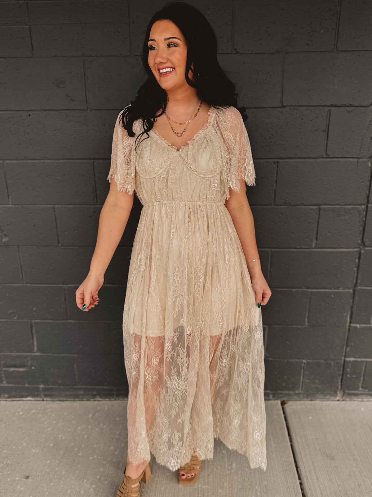 Floral Lace Overlay Maxi Dress - Natural