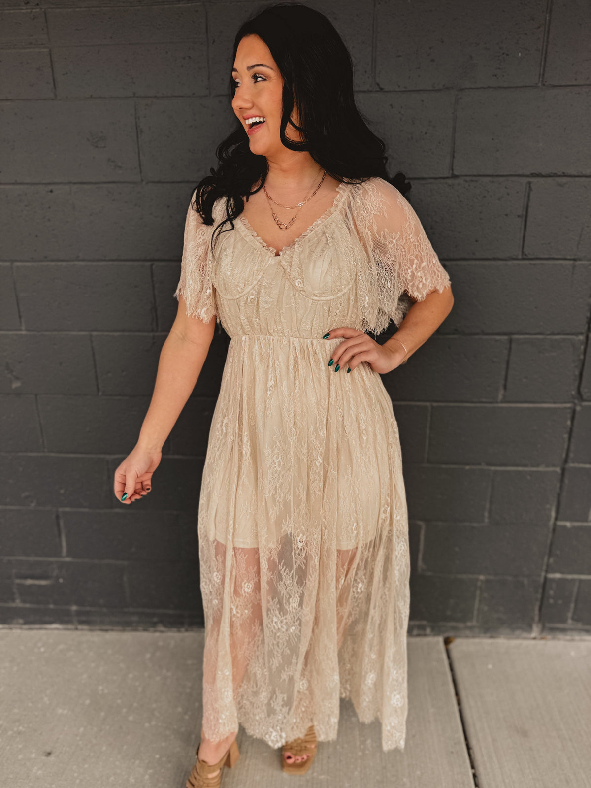 Floral Lace Overlay Maxi Dress - Natural