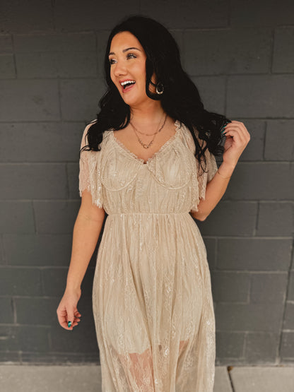 Floral Lace Overlay Maxi Dress - Natural