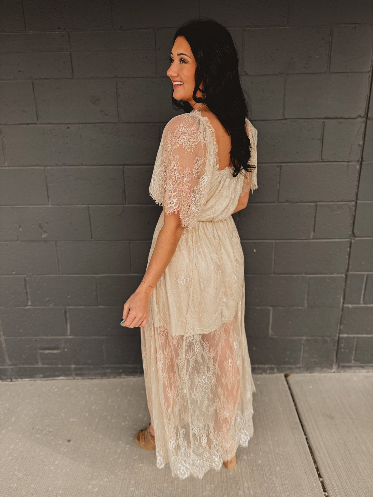 Floral Lace Overlay Maxi Dress - Natural