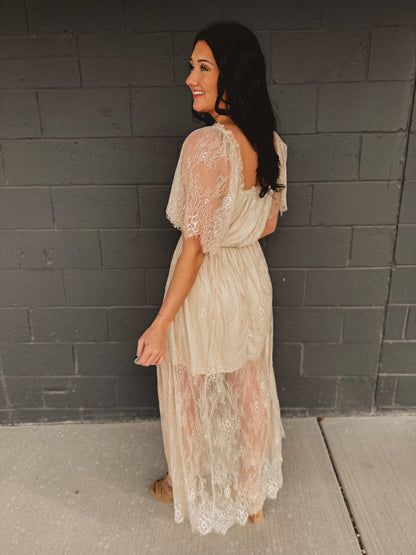 Floral Lace Overlay Maxi Dress - Natural