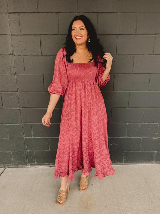 Jacquard Smocked Ruffled Hem Maxi Dress - Rose