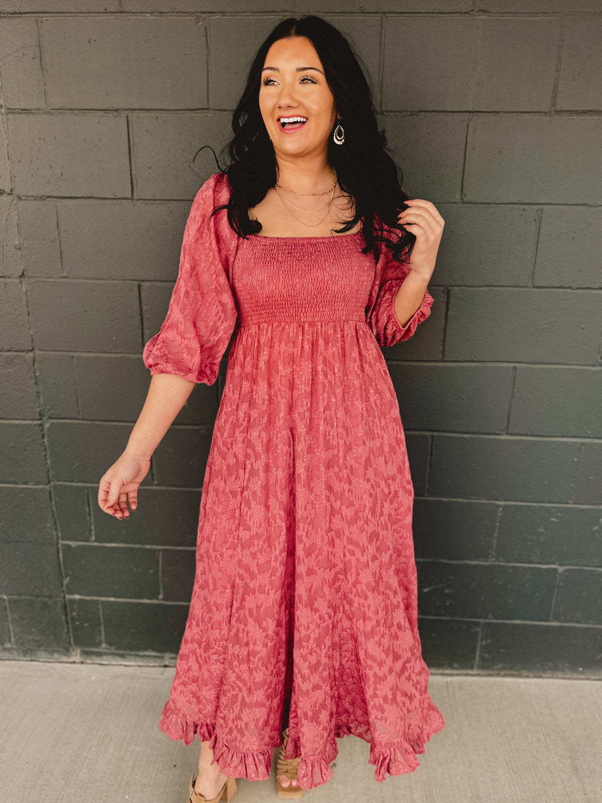 Jacquard Smocked Ruffled Hem Maxi Dress - Rose