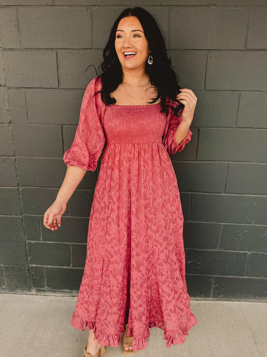 Jacquard Smocked Ruffled Hem Maxi Dress - Rose