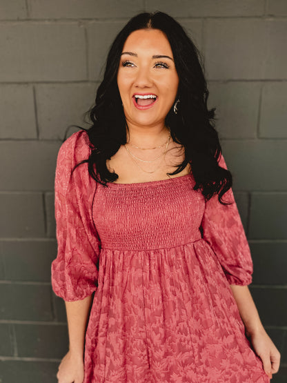 Jacquard Smocked Ruffled Hem Maxi Dress - Rose