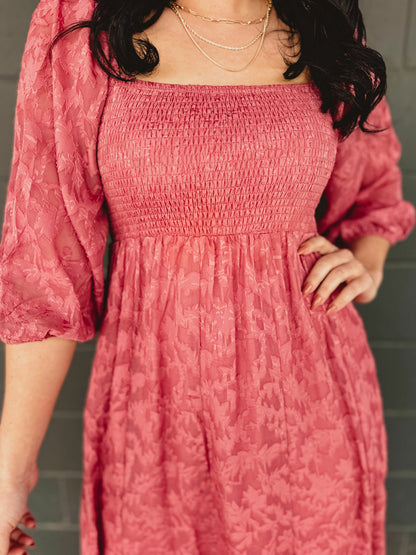 Jacquard Smocked Ruffled Hem Maxi Dress - Rose