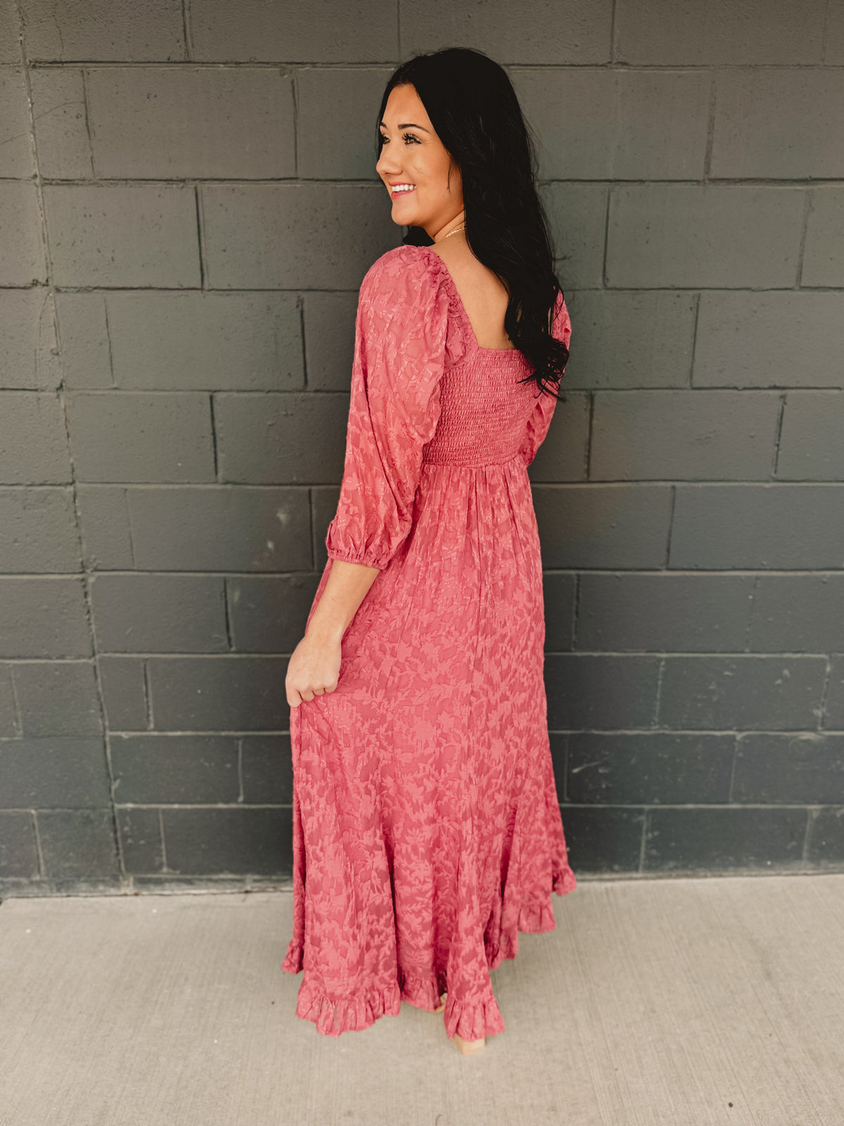 Jacquard Smocked Ruffled Hem Maxi Dress - Rose