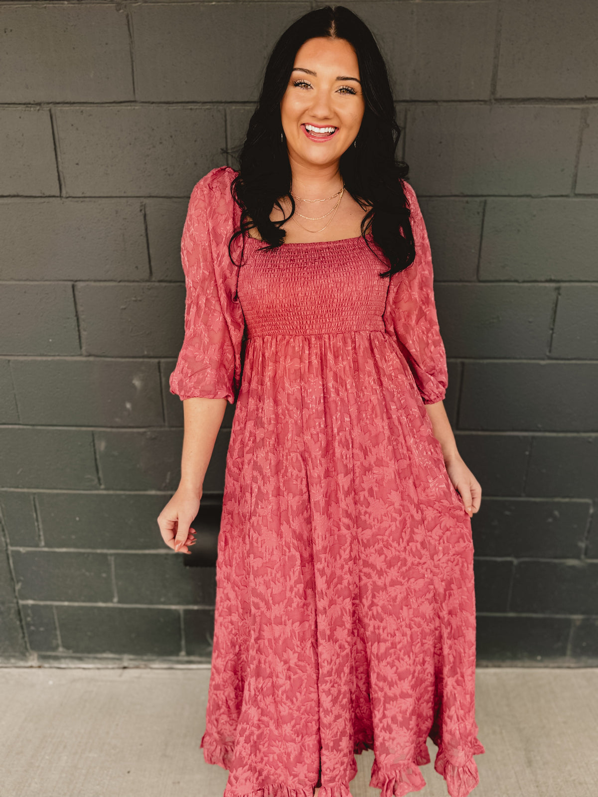 Jacquard Smocked Ruffled Hem Maxi Dress - Rose