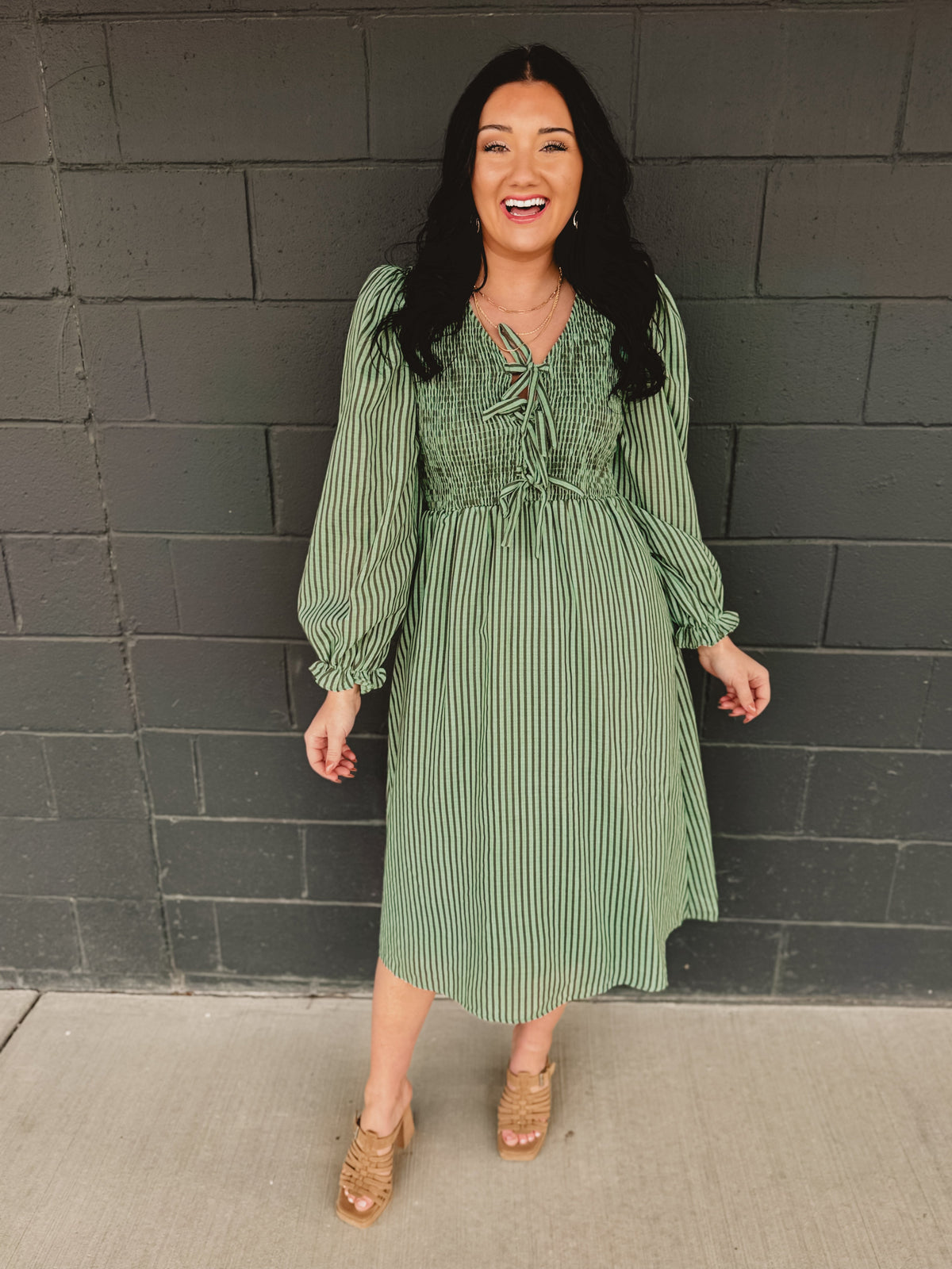 Striped Smocking Bow Midi Dress - Sage Haze