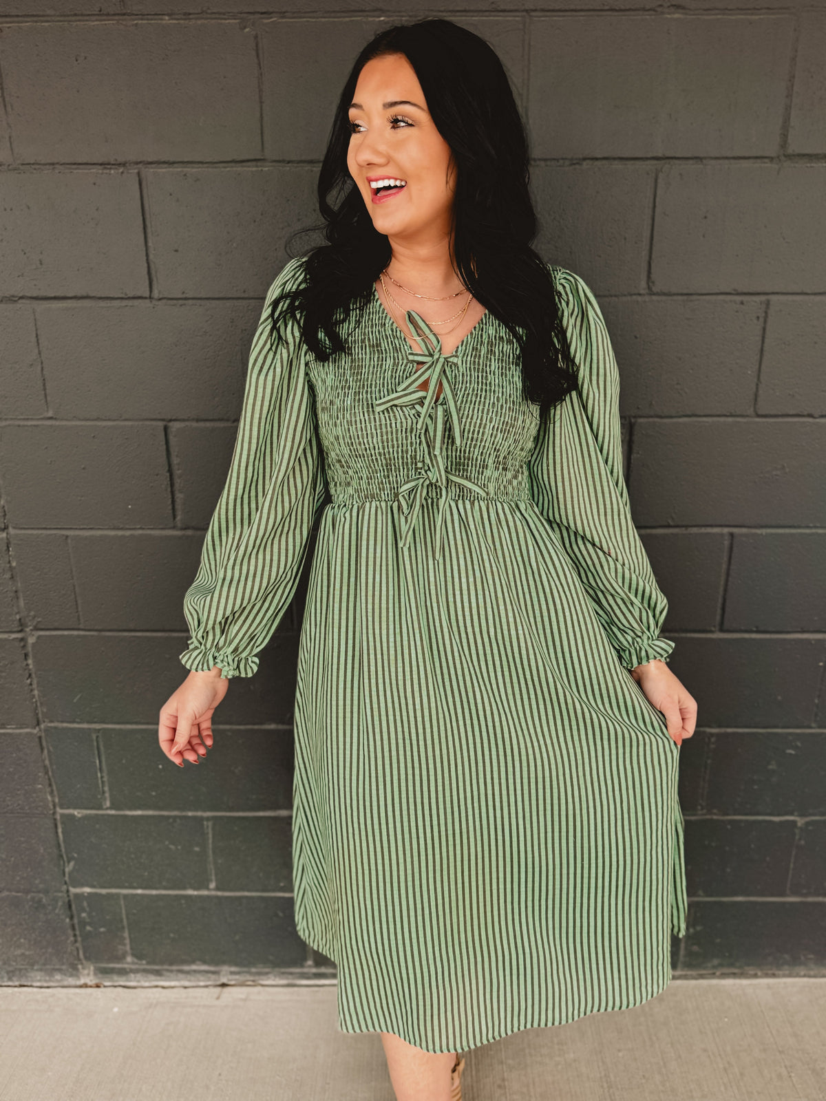 Striped Smocking Bow Midi Dress - Sage Haze