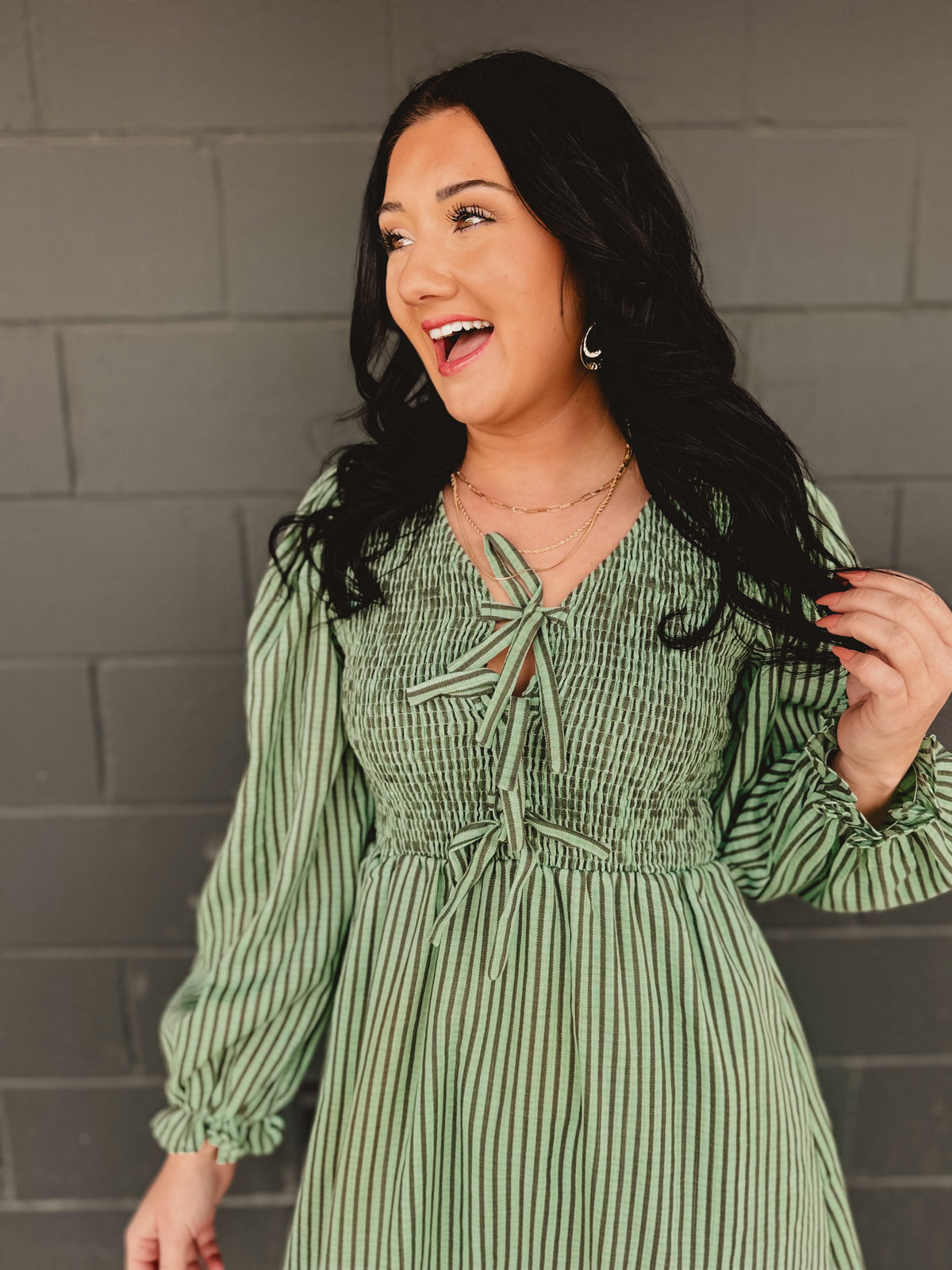 Striped Smocking Bow Midi Dress - Sage Haze